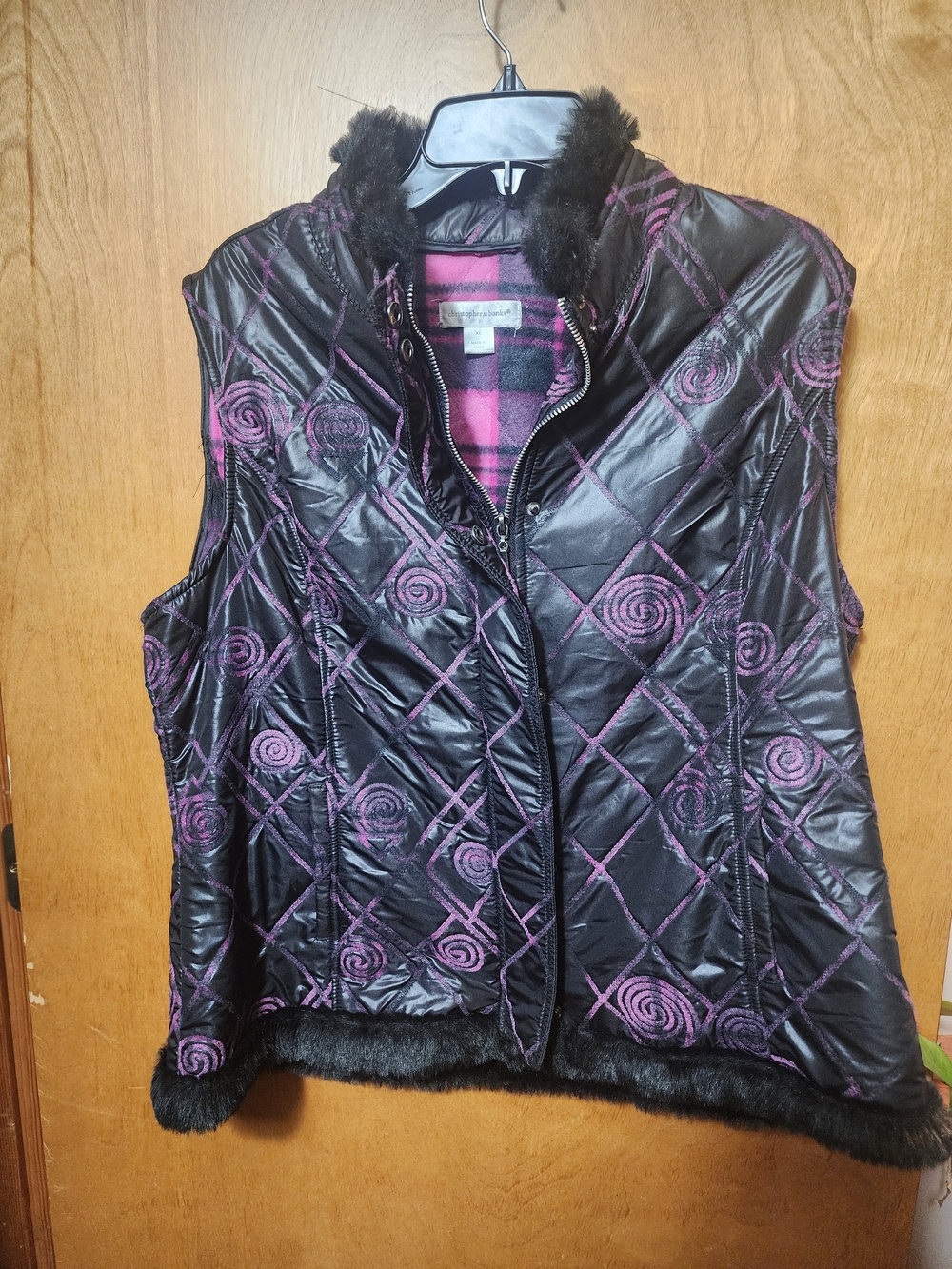 Christopher & Banks Faux Fur Trim Full-Zip Vest Black Purple Swirl Quilted Xl